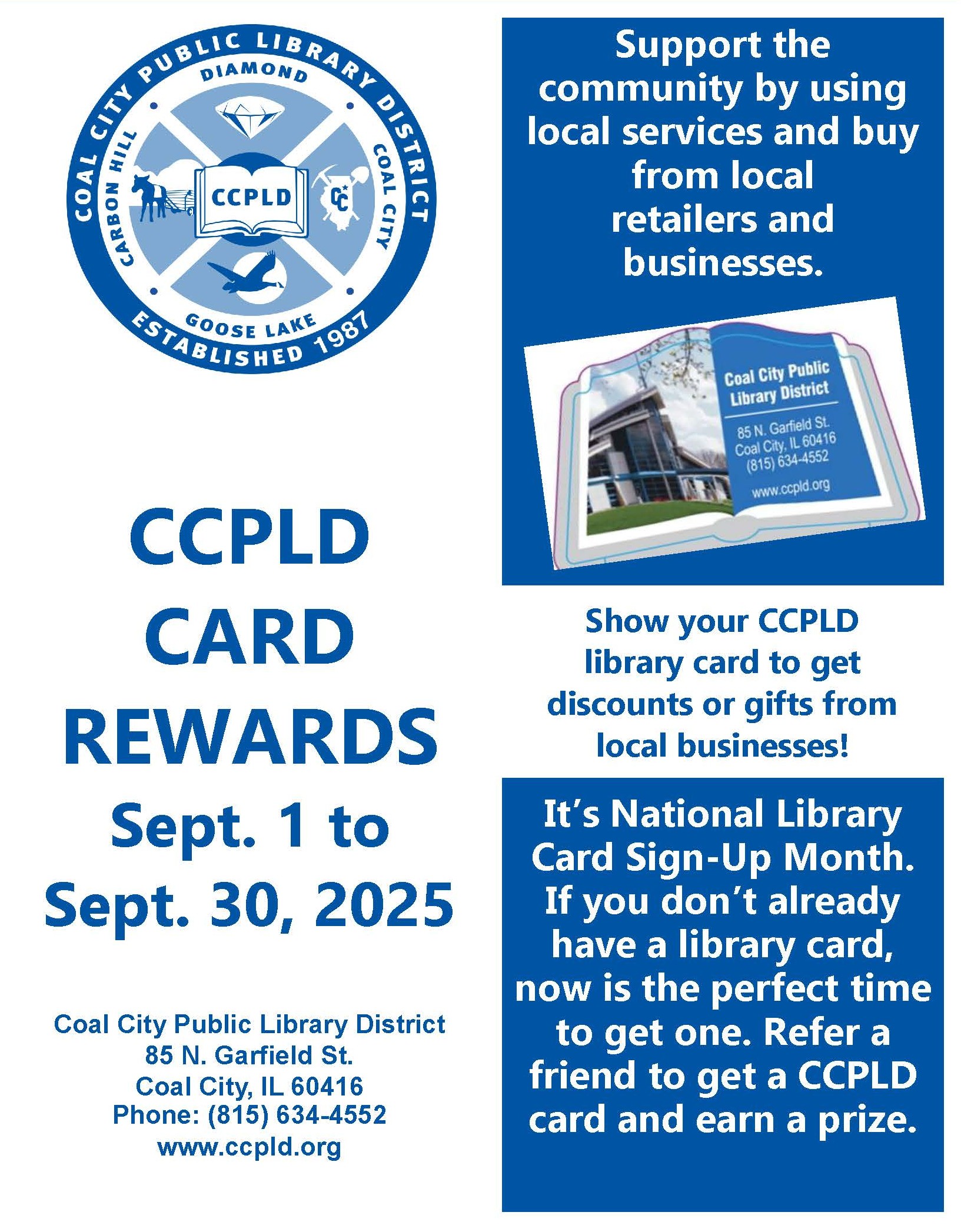CCPLD Cards Rewards Sept 1 - 30, 2025.  Use your card at area businesses for discounts or rewards.
