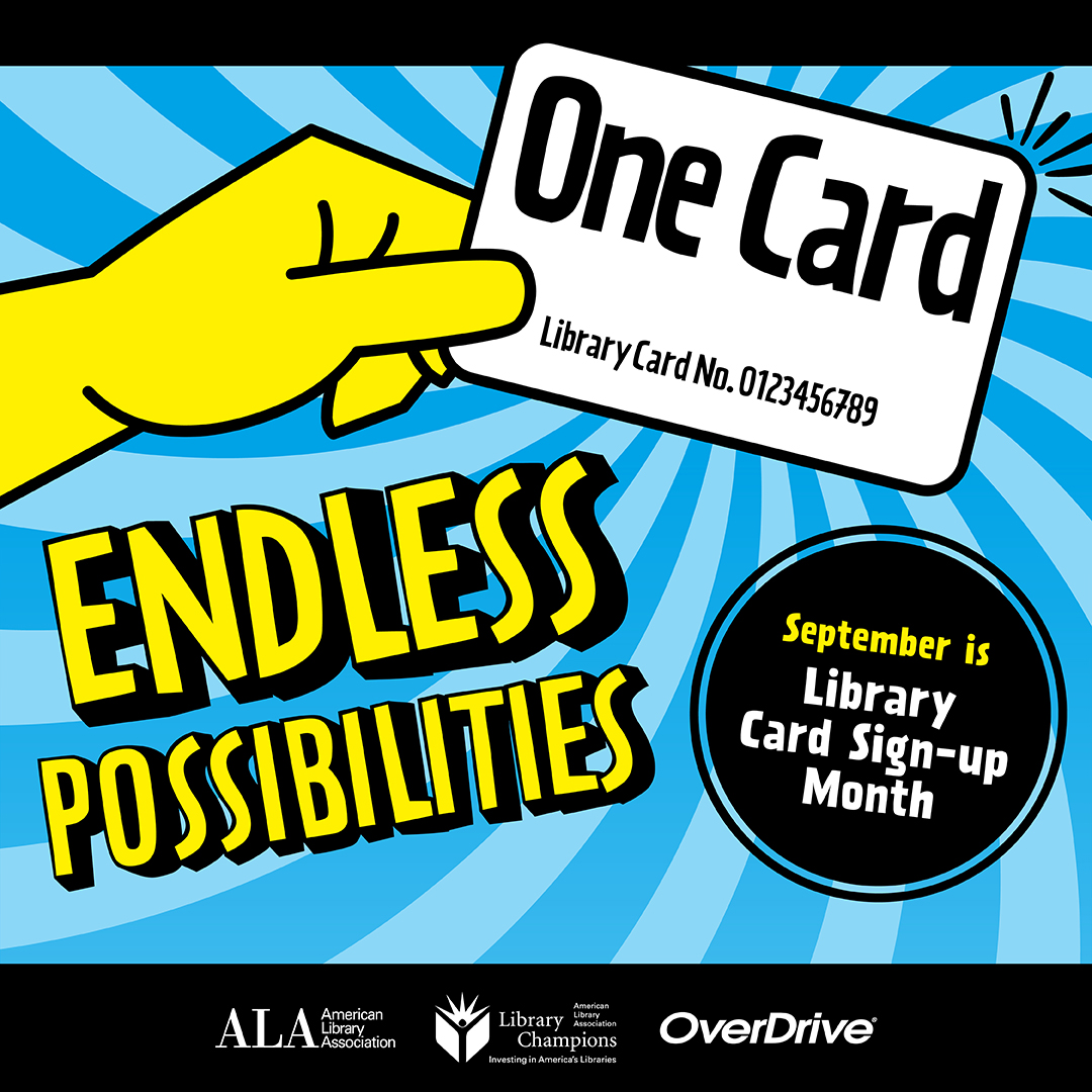 One Card Endless Possibilities National Library Card Sign-up Month Logo